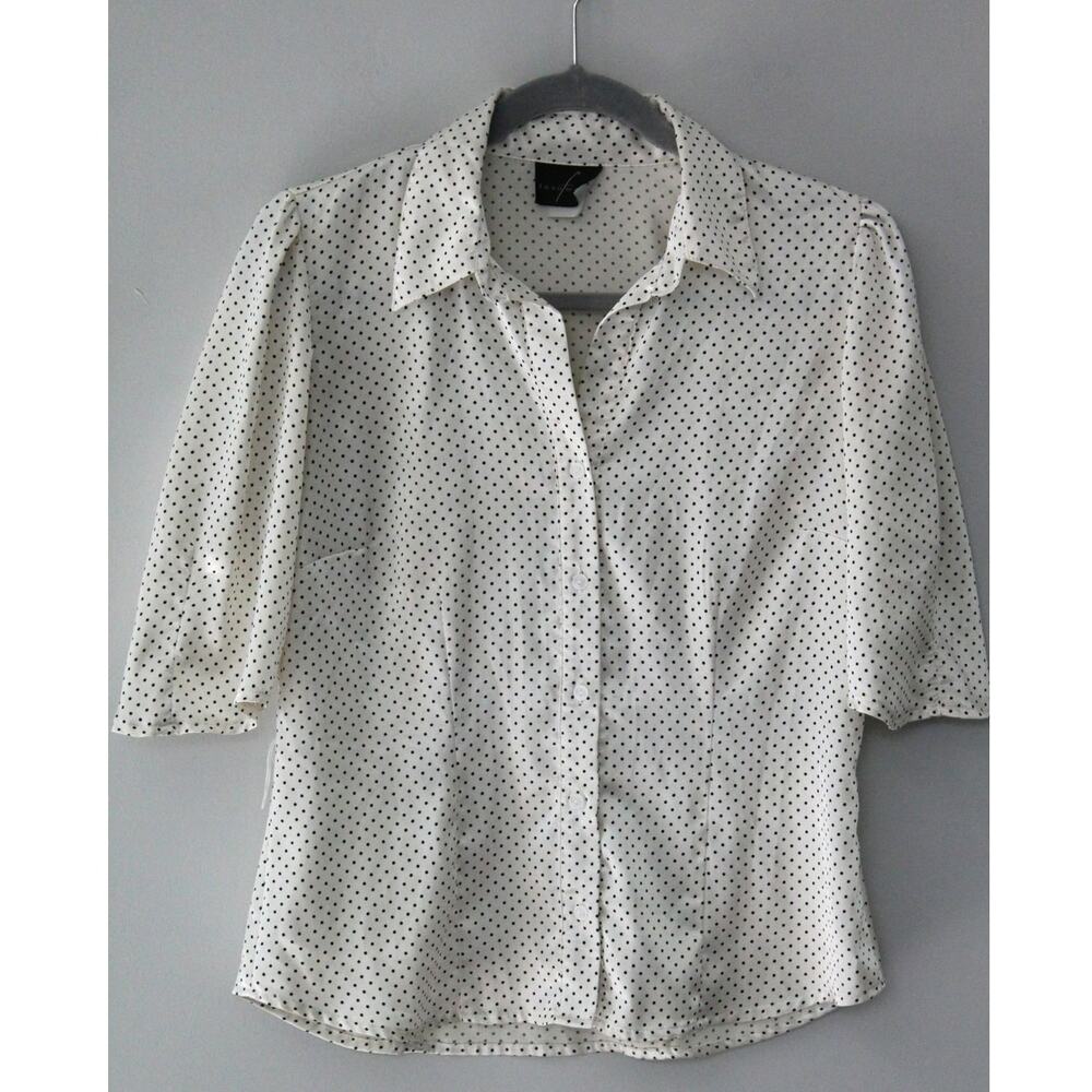 Fenomenon White Womens Polka Dot Satin 3/4 Sleeve Collared Button Up Blouse